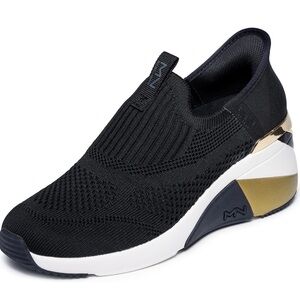 Skechers Black and Gold Knit Slip-On Sneakers